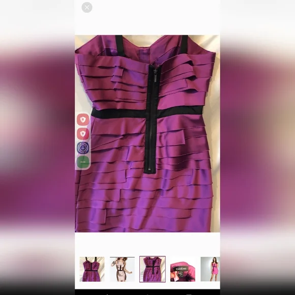 Bebe Layered Satin Bodycon Cocktail Lucca Strips Purple Sheath Dress Size Small - Picture 2 of 12
